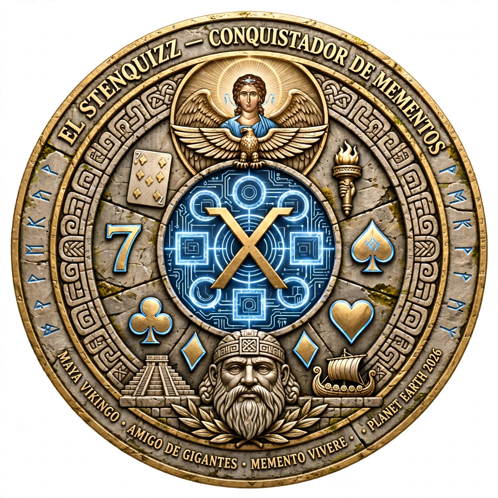 Logotipo Oficial El Stenquizz Conquistador de Mementos Sello Oro 7 Maya Vikingo Amigo de Gigantes Saga Alfa-0